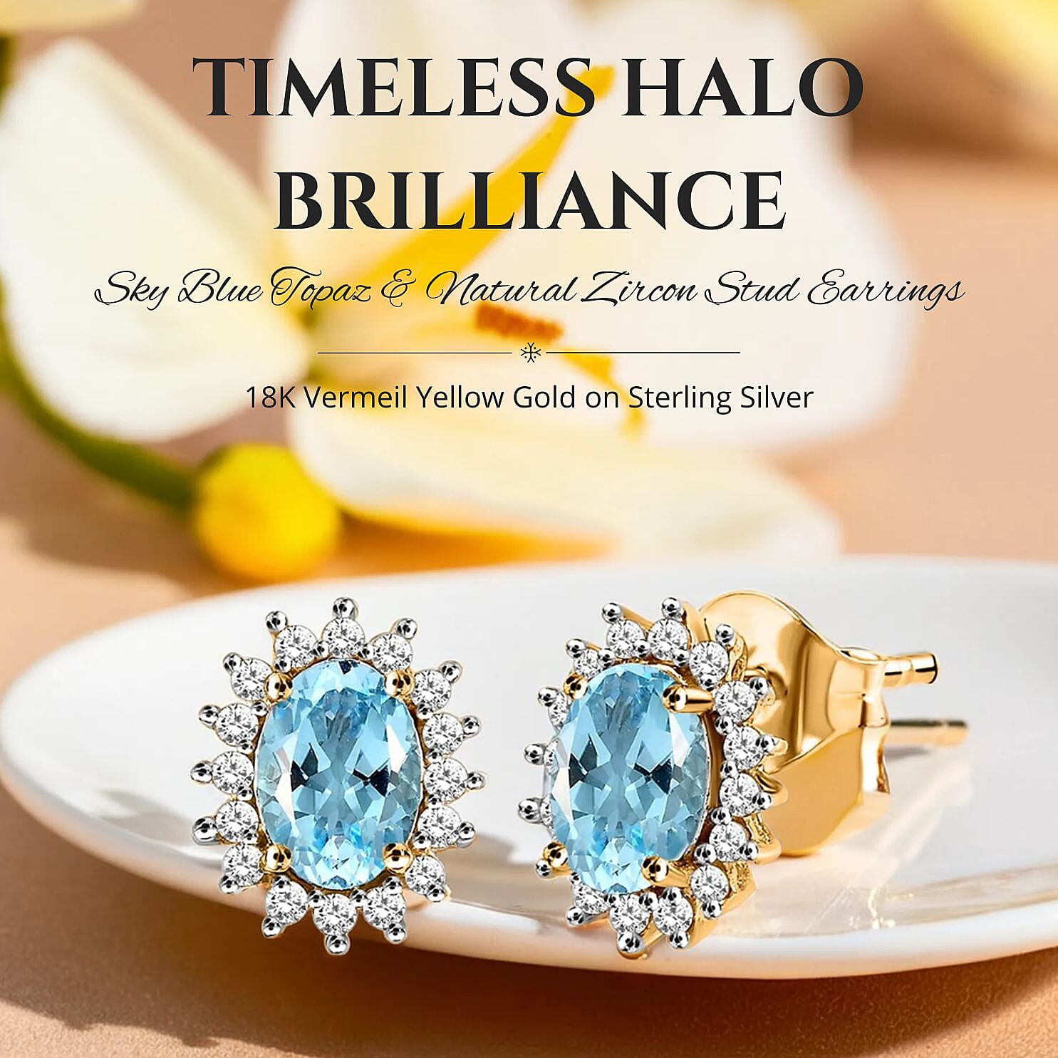 Skyblue Topaz & Natural Zircon Stud Earrings in 18K Yellow Gold Vermeil Plated Sterling Silver 4.10 Ct.